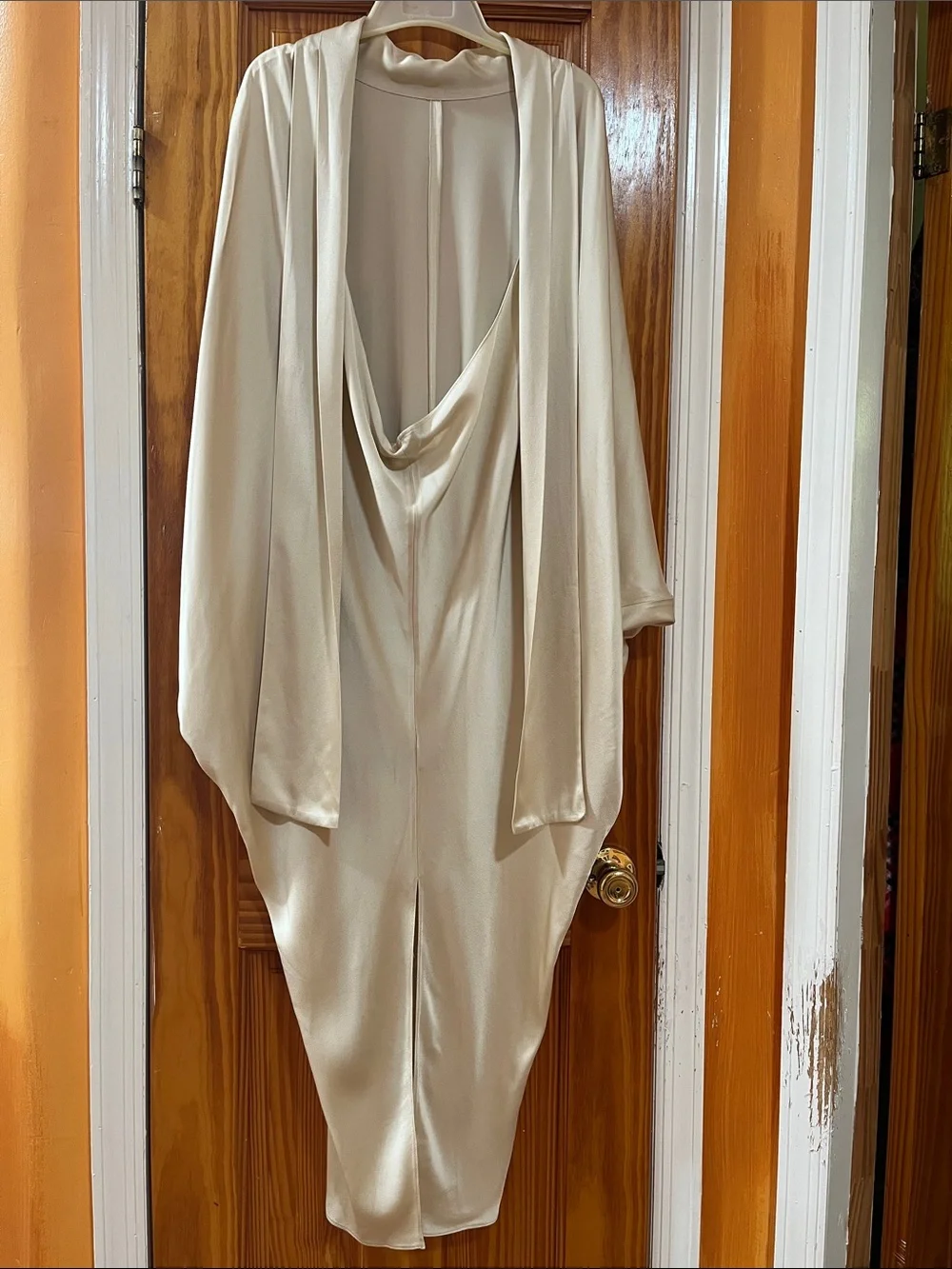NWT Satin Beige Draped Open Back Dress Lagenlook Formal Shawl Gown Tie Neck M
